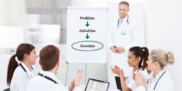 Problem - Solution - Success Graphic with Doctors Surrounding